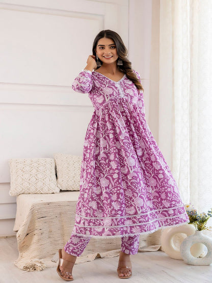 Mauve Floral Printed Anarkali Kurta And Trouser With Dupatta