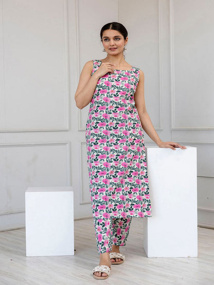 Off White And Pink Printed Straight Kurta With Trouser