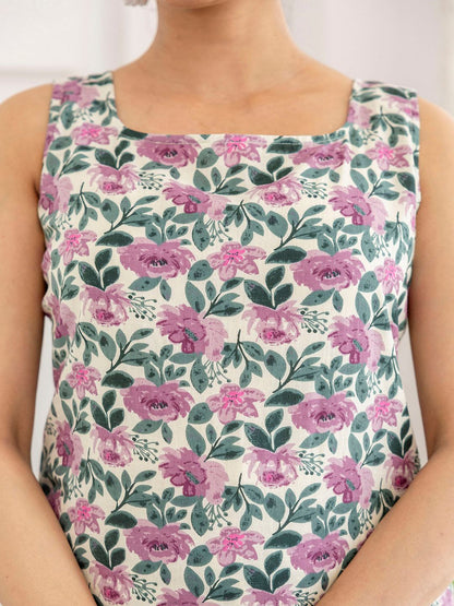 Off White And Purple Printed Straight Kurta With Trouser