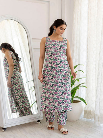 Off White And Purple Printed Straight Kurta With Trouser