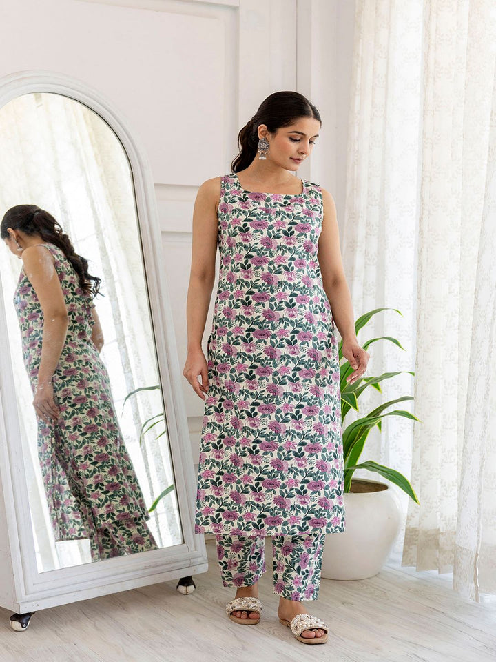 Off White And Purple Printed Straight Kurta With Trouser