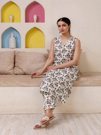 Off White Printed Straight Kurta With Trouser
