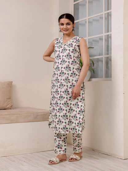 Off White Printed Straight Kurta With Trouser