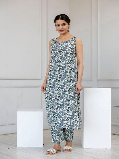 Off White Printed Straight Kurta With Trouser