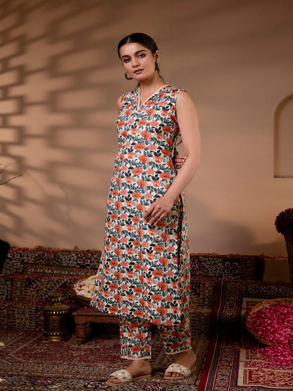 Off White Printed Straight Kurta With Trouser