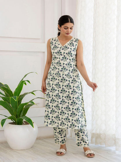 Off White Printed Straight Kurta With Trouser