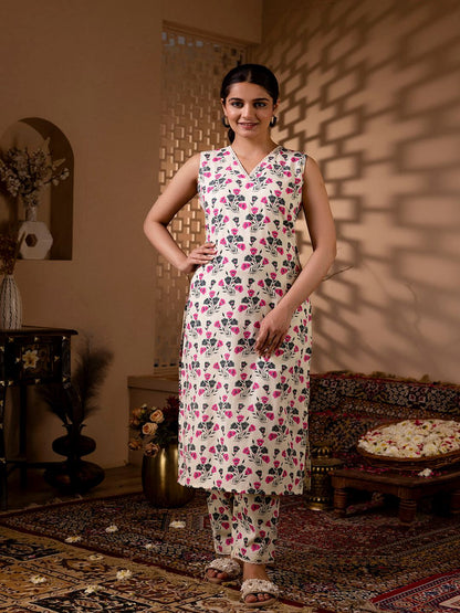 Off White Printed Straight Kurta With Trouser