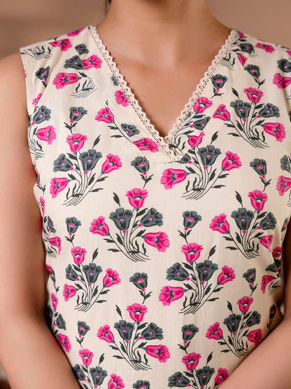 Off White Printed Straight Kurta With Trouser