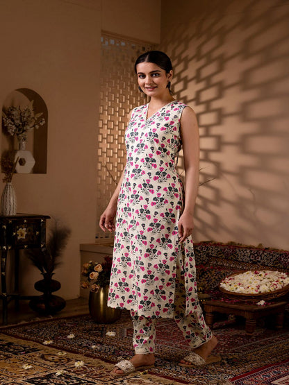 Off White Printed Straight Kurta With Trouser
