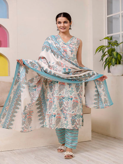 Off White Printed Straight Kurta With Trouser And Dupatta