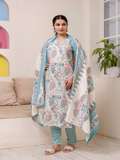 Off White Printed Straight Kurta With Trouser And Dupatta