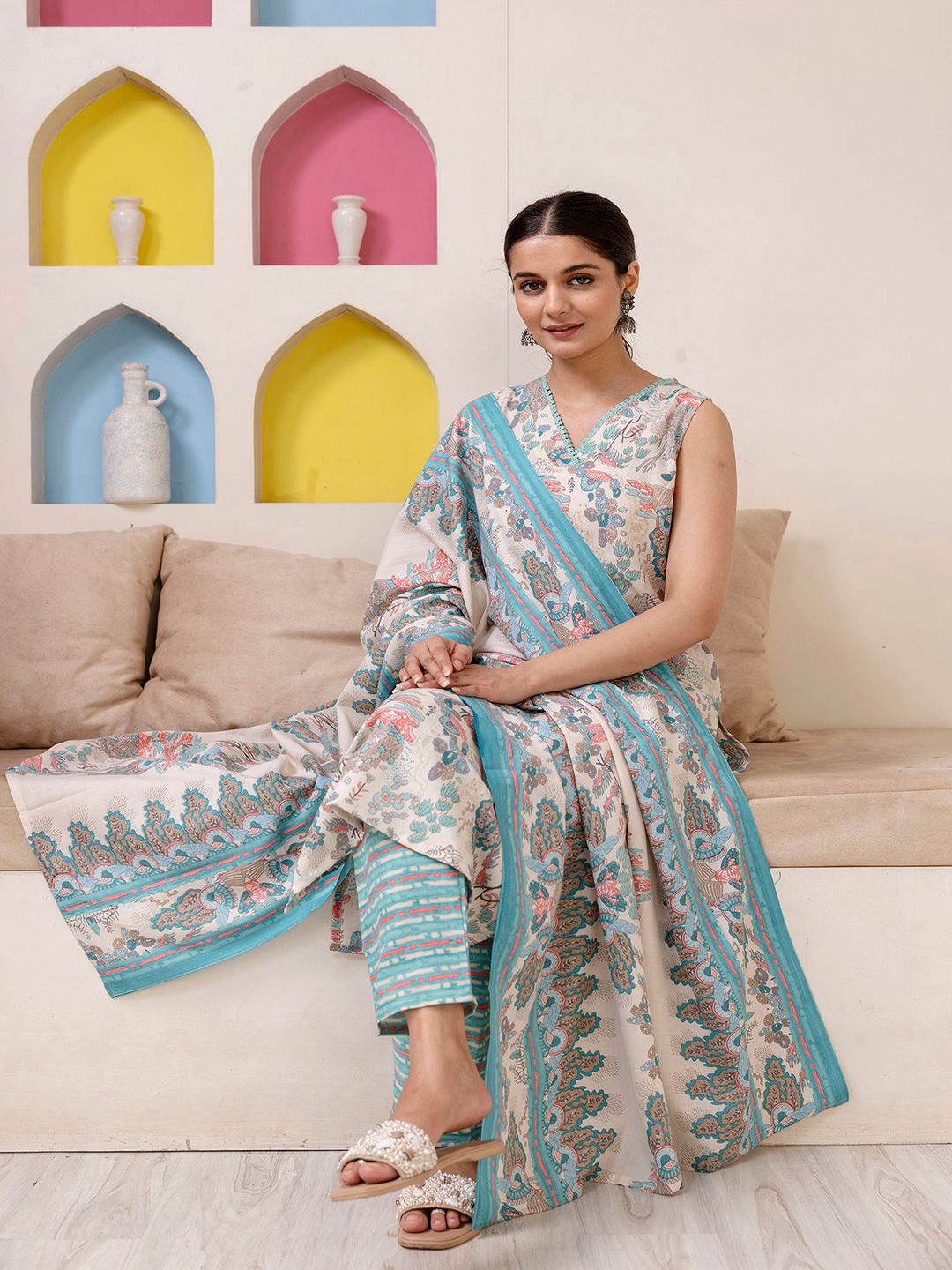 Off White Printed Straight Kurta With Trouser And Dupatta