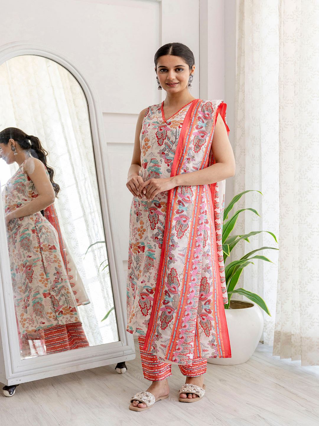 Off White Printed Straight Kurta With Trouser And Dupatta