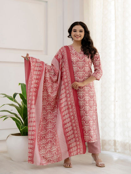 Pink Printed Straight Kurta And Trouser With Dupatta