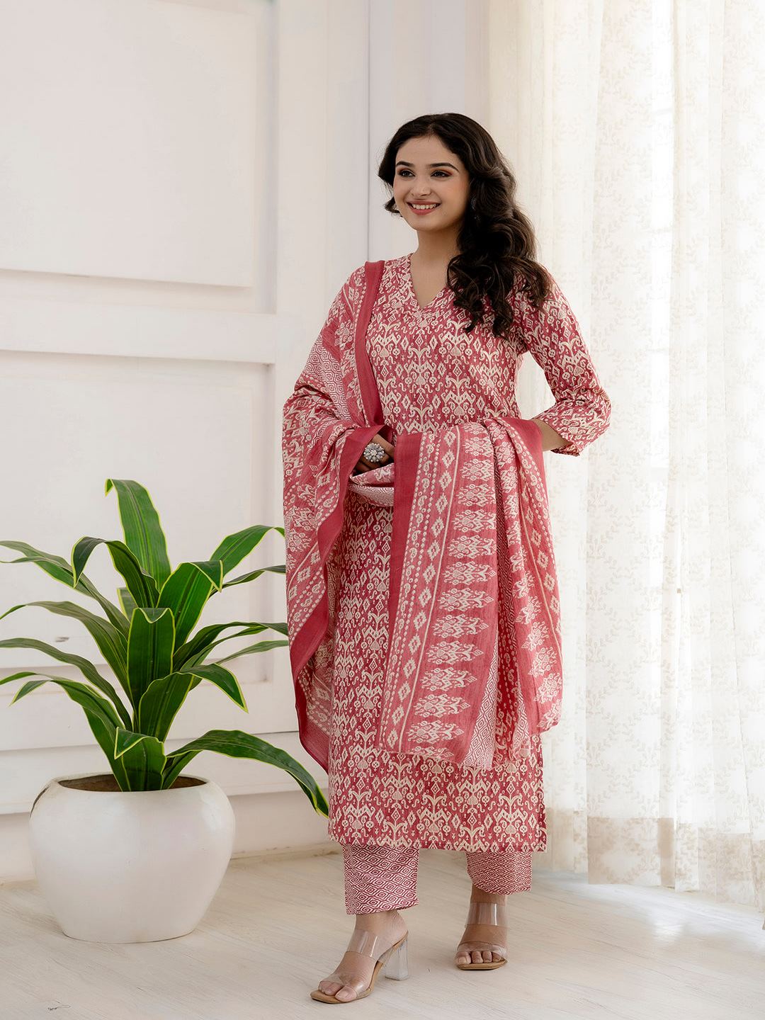 Pink Printed Straight Kurta And Trouser With Dupatta