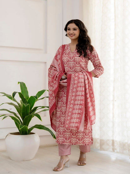 Pink Printed Straight Kurta And Trouser With Dupatta