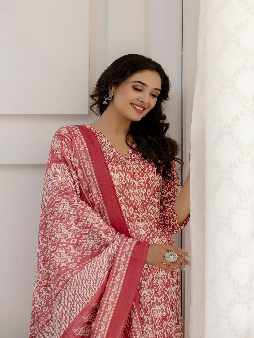 Pink Printed Straight Kurta And Trouser With Dupatta