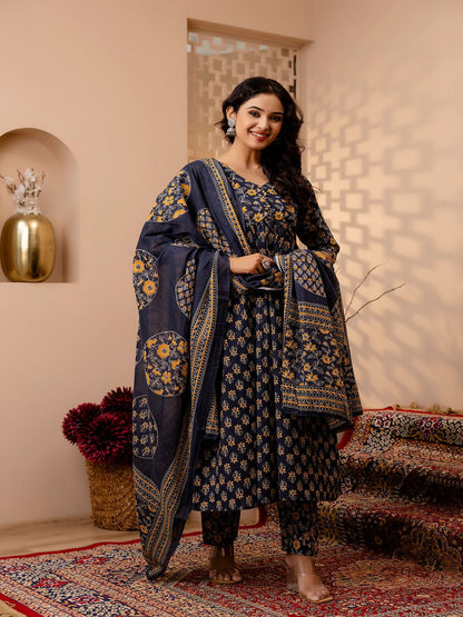 Grey Floral Printed Anarkali Kurta And Trouser With Dupatta