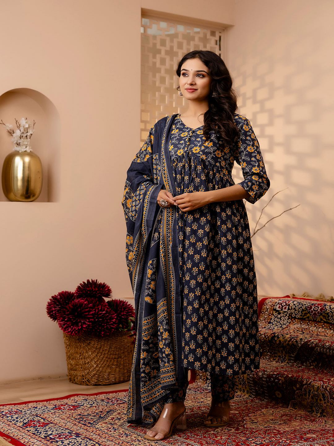 Grey Floral Printed Anarkali Kurta And Trouser With Dupatta