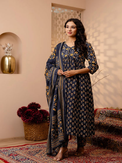 Grey Floral Printed Anarkali Kurta And Trouser With Dupatta