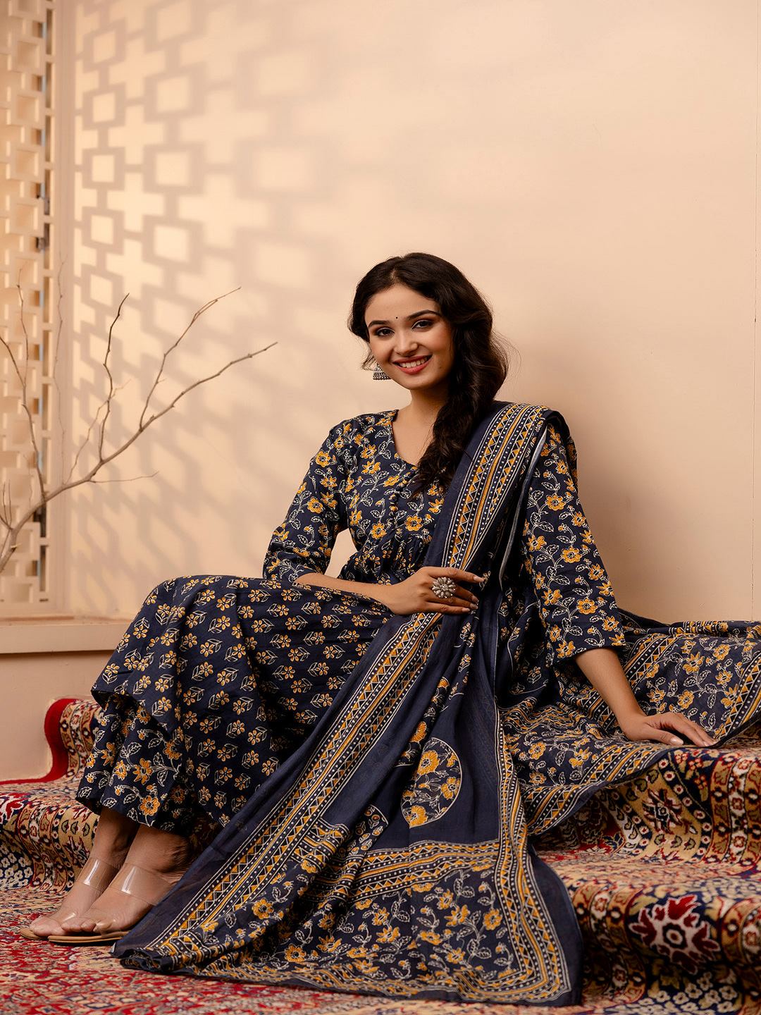 Grey Floral Printed Anarkali Kurta And Trouser With Dupatta