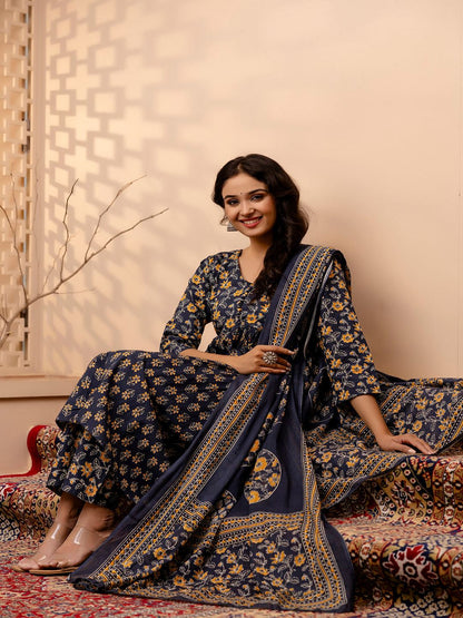 Grey Floral Printed Anarkali Kurta And Trouser With Dupatta