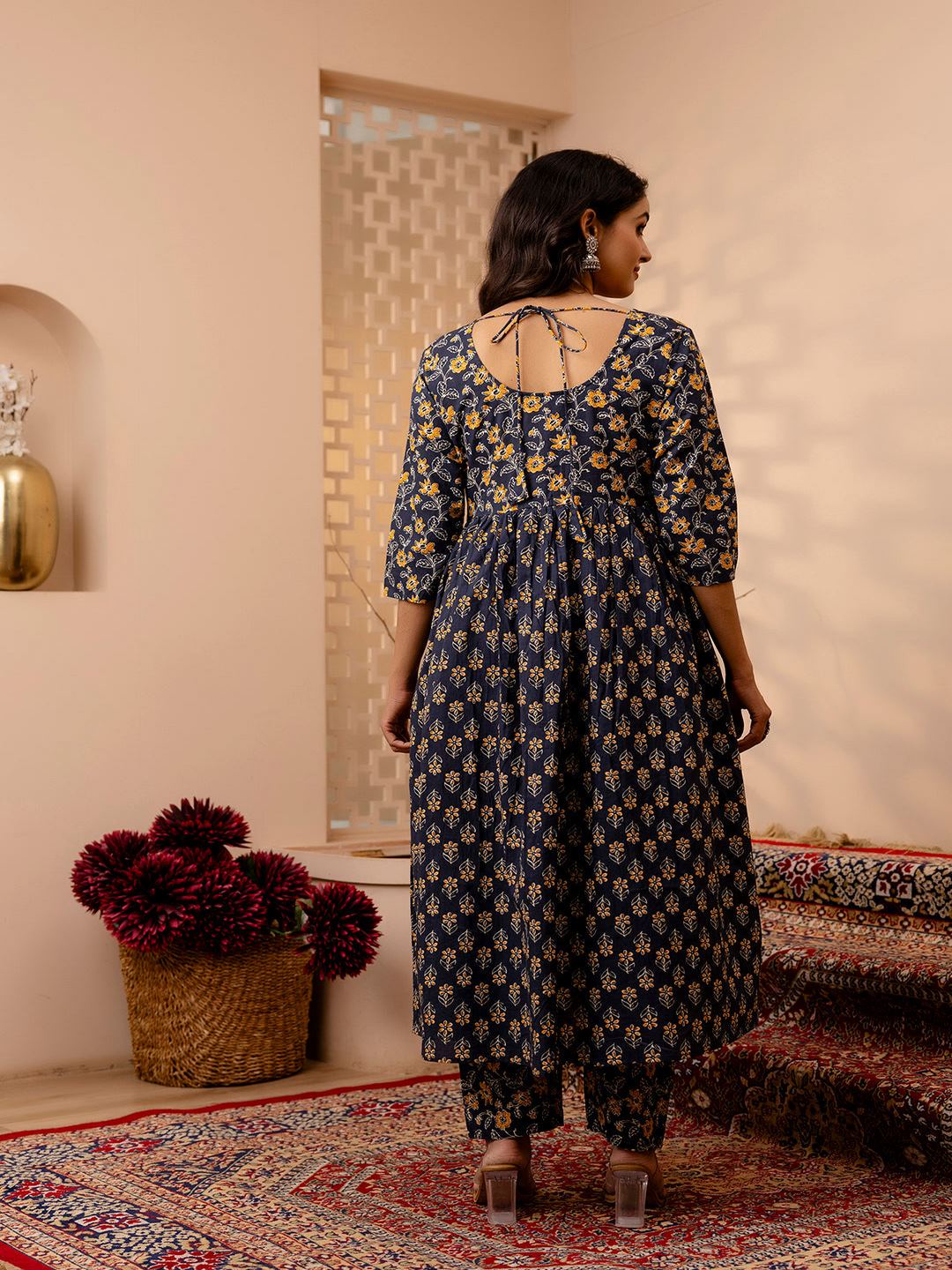 Grey Floral Printed Anarkali Kurta And Trouser With Dupatta