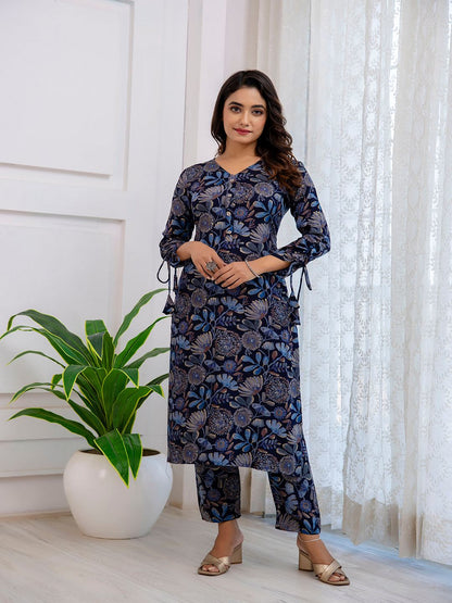 Navy Blue Ethnic Printed Straight Kurta With Trouser