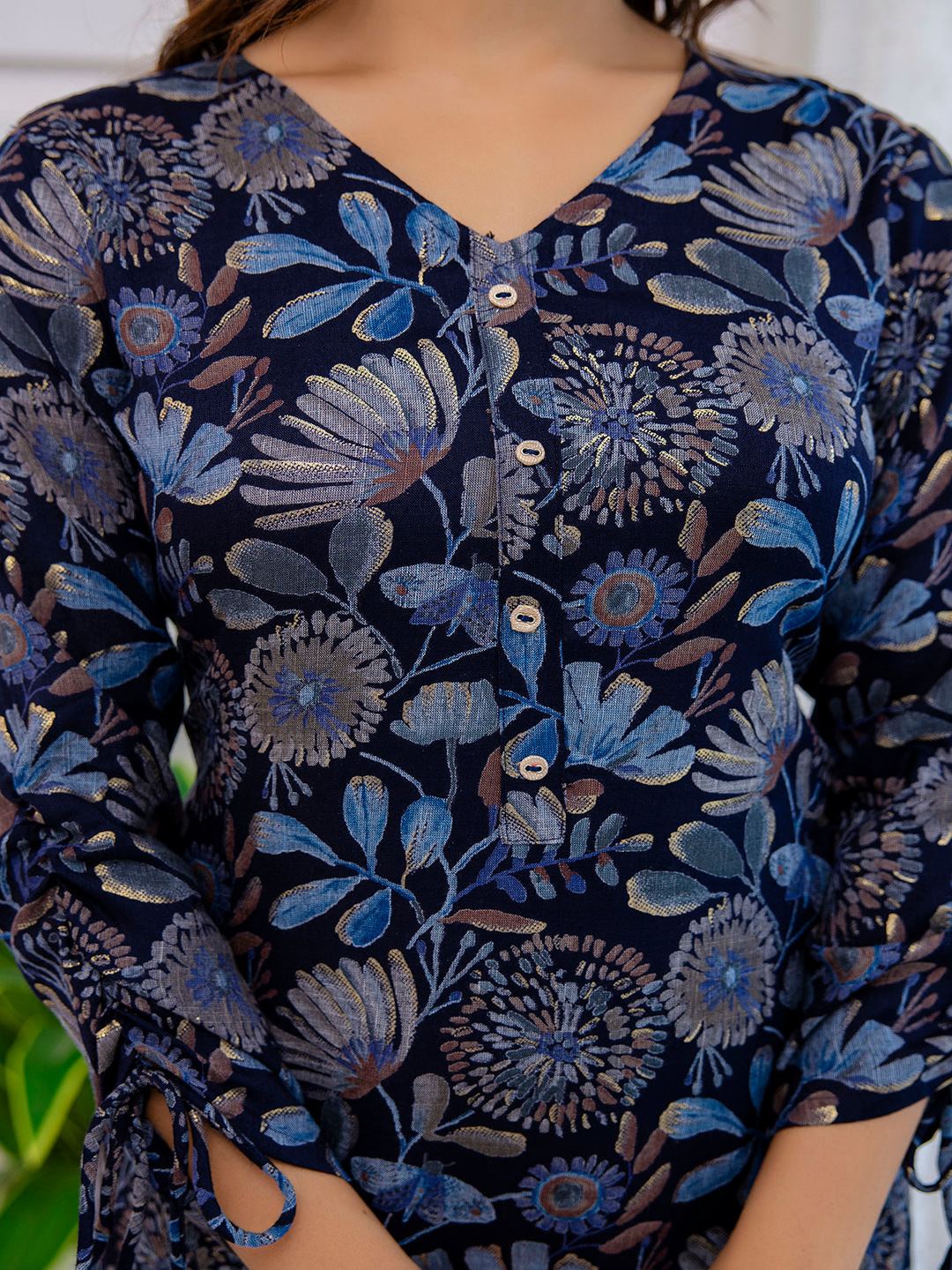 Navy Blue Ethnic Printed Straight Kurta With Trouser