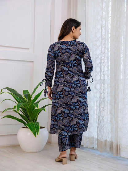 Navy Blue Ethnic Printed Straight Kurta With Trouser