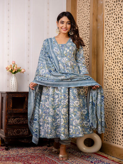 Grey Floral Printed Anarkali Kurta And Trouser With Dupatta