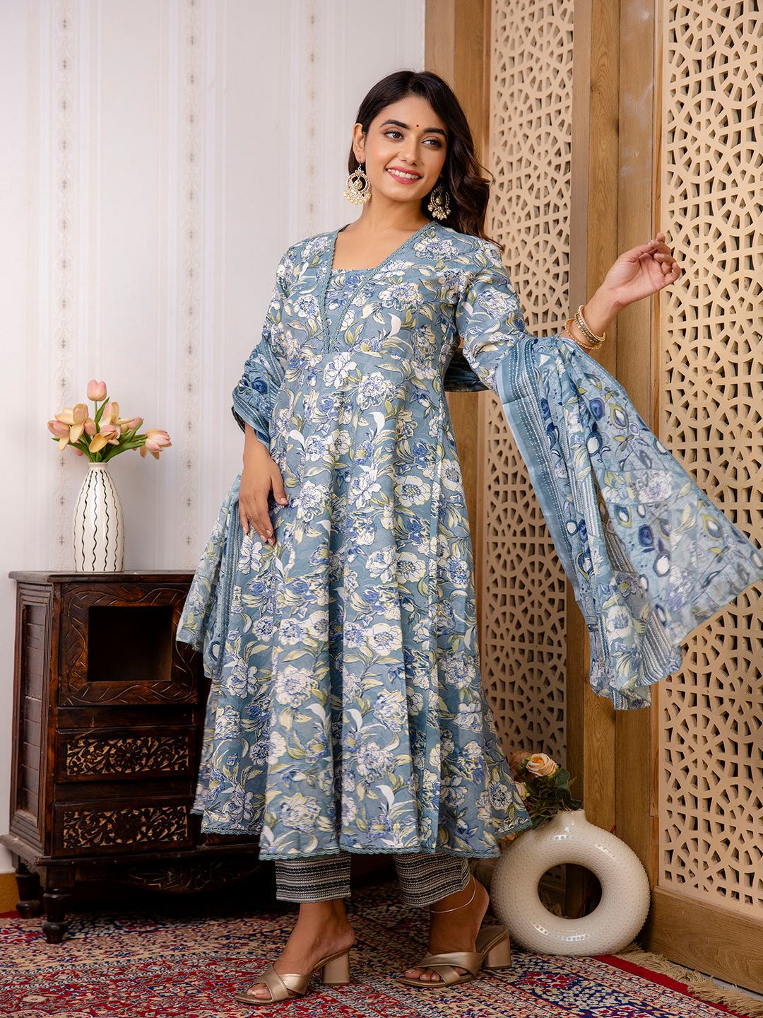 Grey Floral Printed Anarkali Kurta And Trouser With Dupatta
