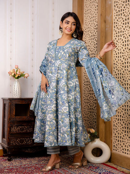 Grey Floral Printed Anarkali Kurta And Trouser With Dupatta