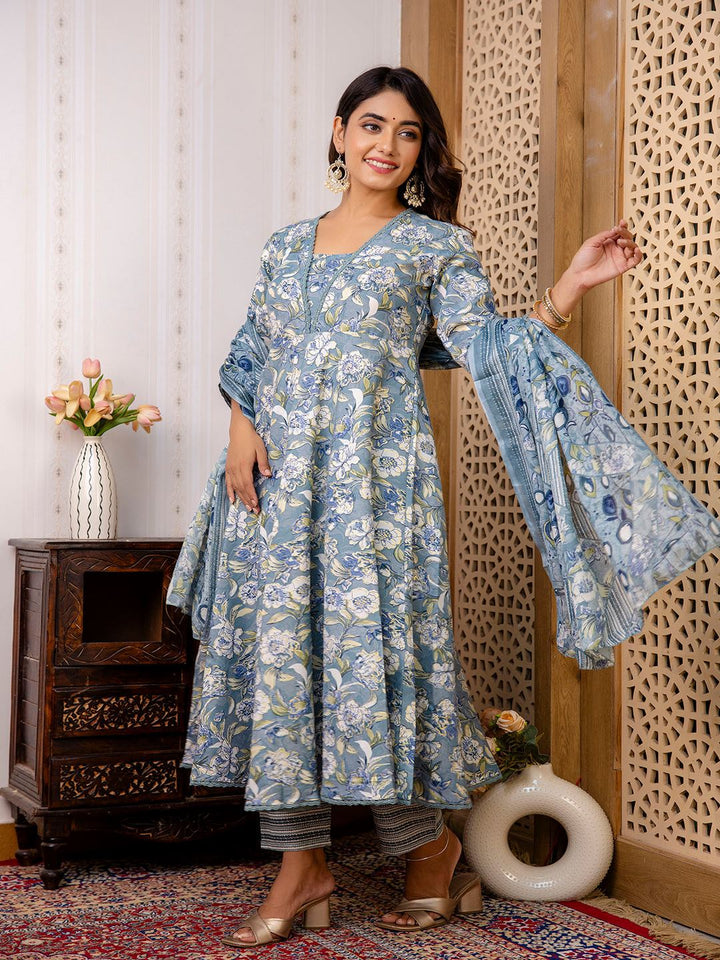 Grey Floral Printed Anarkali Kurta And Trouser With Dupatta