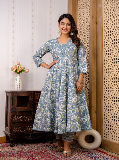 Grey Floral Printed Anarkali Kurta And Trouser With Dupatta