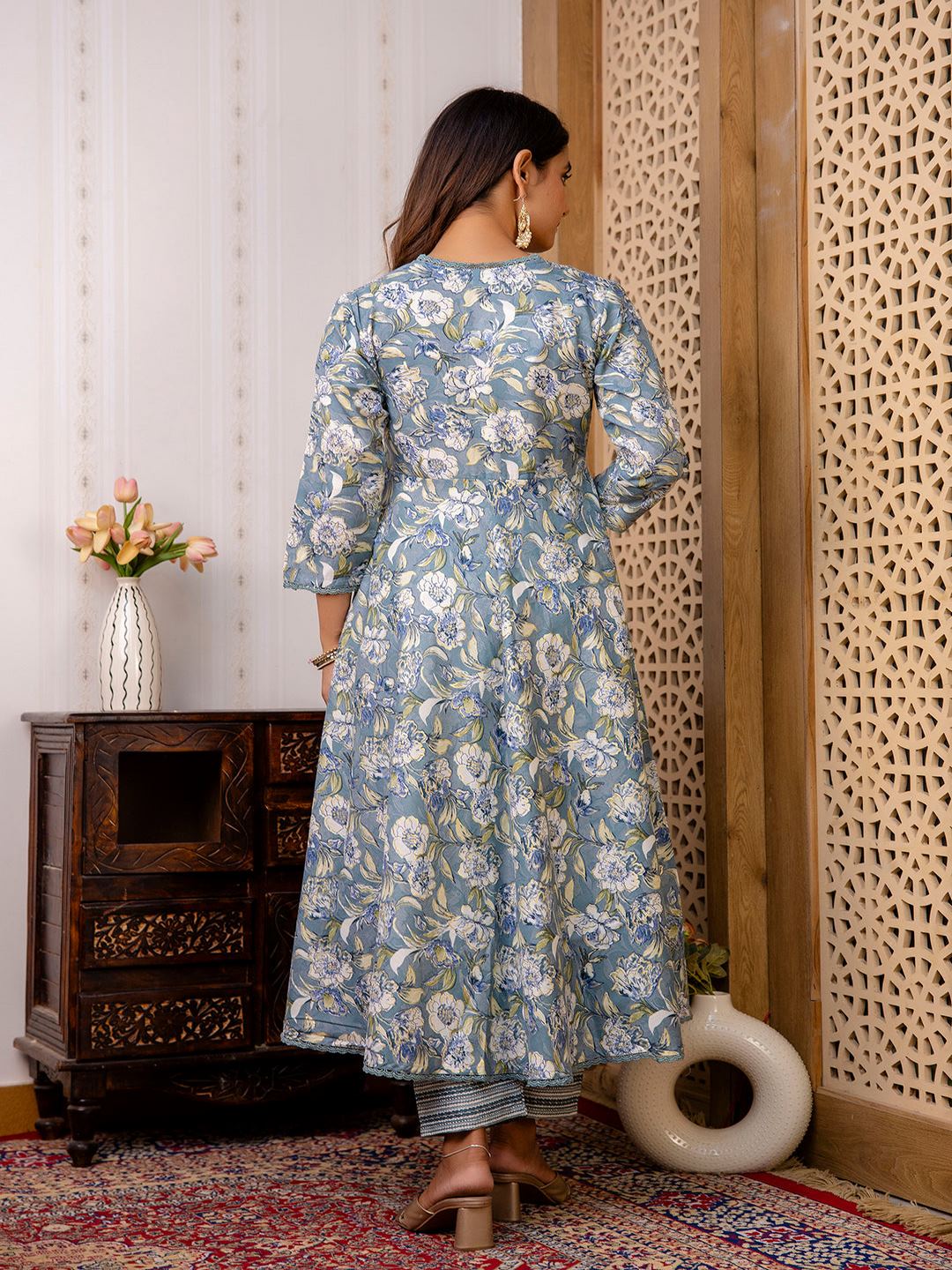 Grey Floral Printed Anarkali Kurta And Trouser With Dupatta