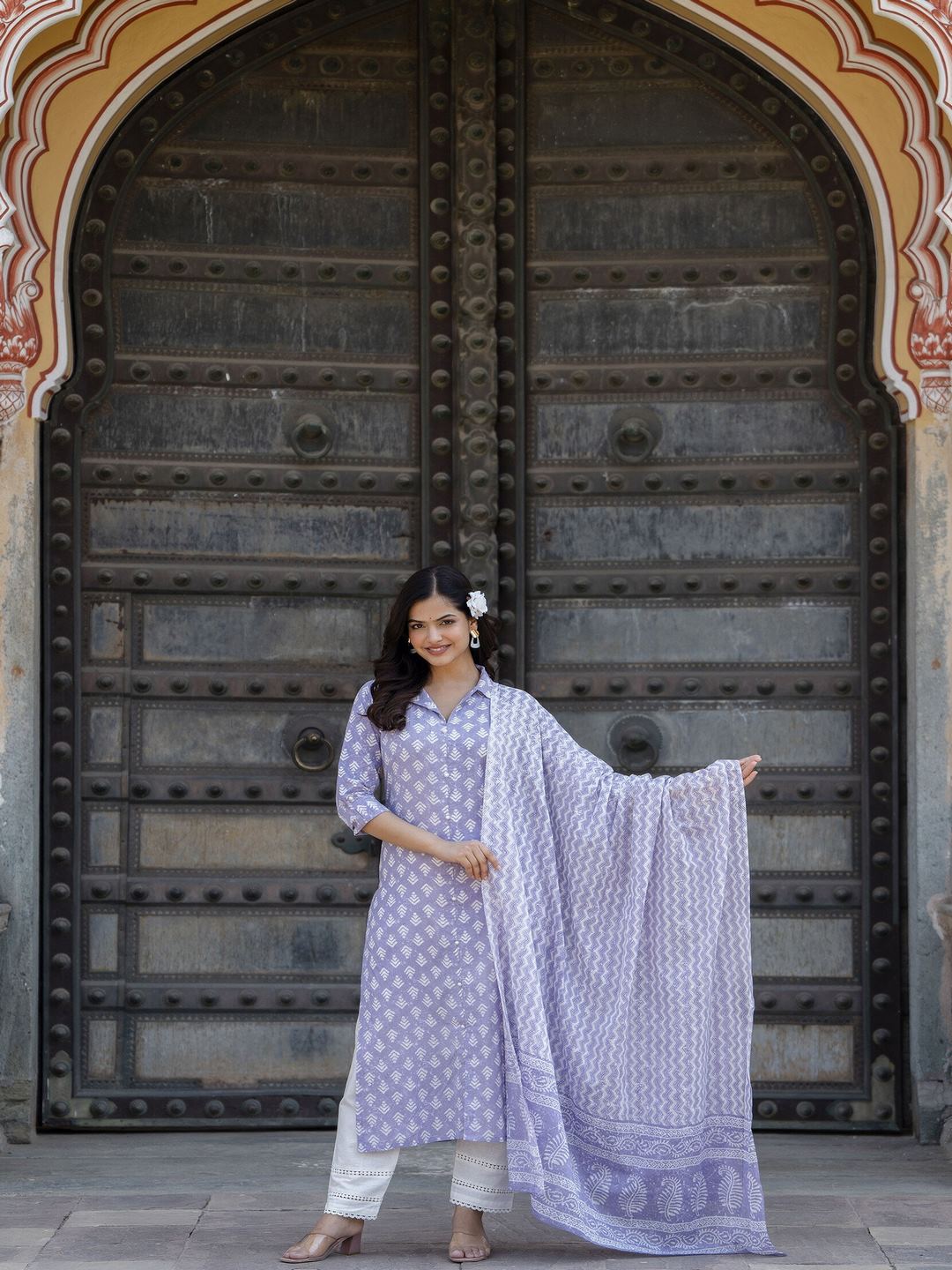 Purple Printed Straight Kurta And Trouser With Dupatta
