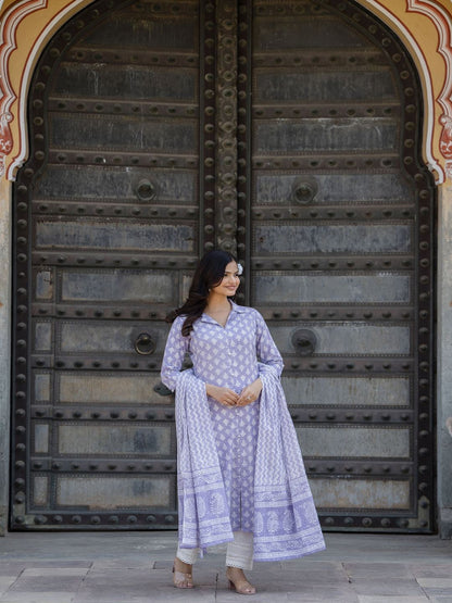 Purple Printed Straight Kurta And Trouser With Dupatta