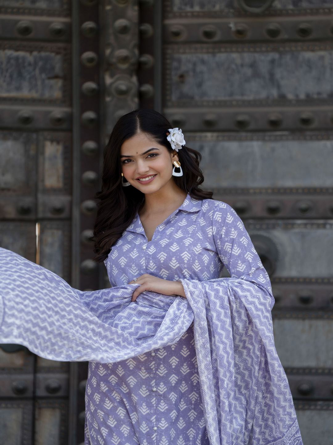 Purple Printed Straight Kurta And Trouser With Dupatta