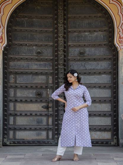 Purple Printed Straight Kurta And Trouser With Dupatta