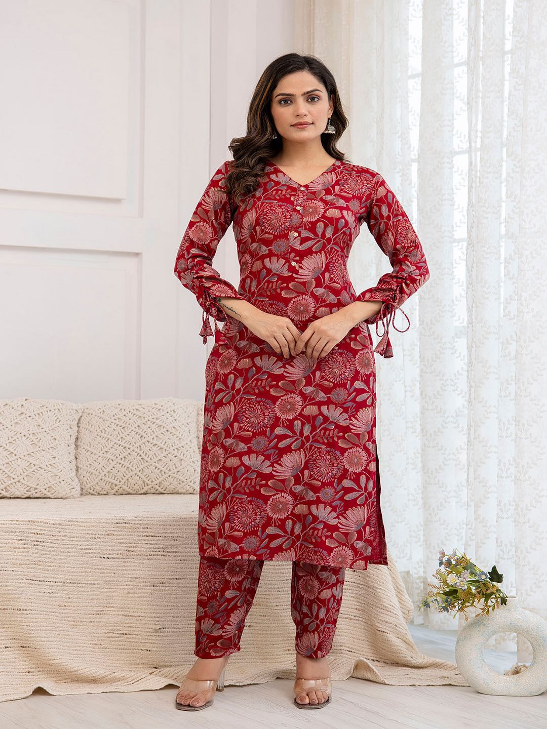 Maroon Printed Straight Kurta With Trouser