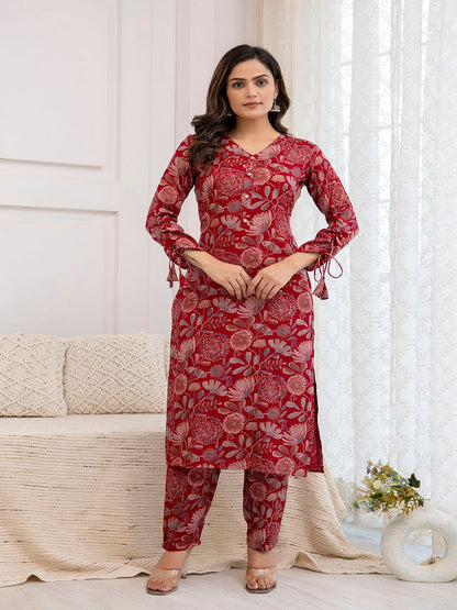Maroon Printed Straight Kurta With Trouser