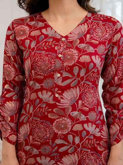 Maroon Printed Straight Kurta With Trouser