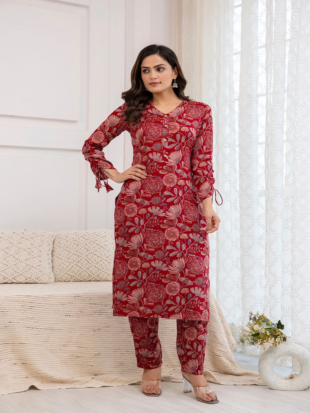 Maroon Printed Straight Kurta With Trouser