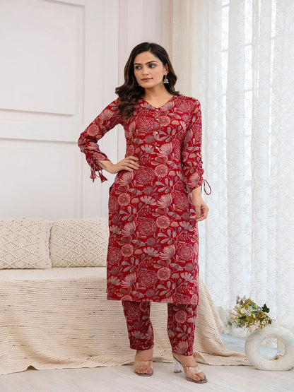 Maroon Printed Straight Kurta With Trouser