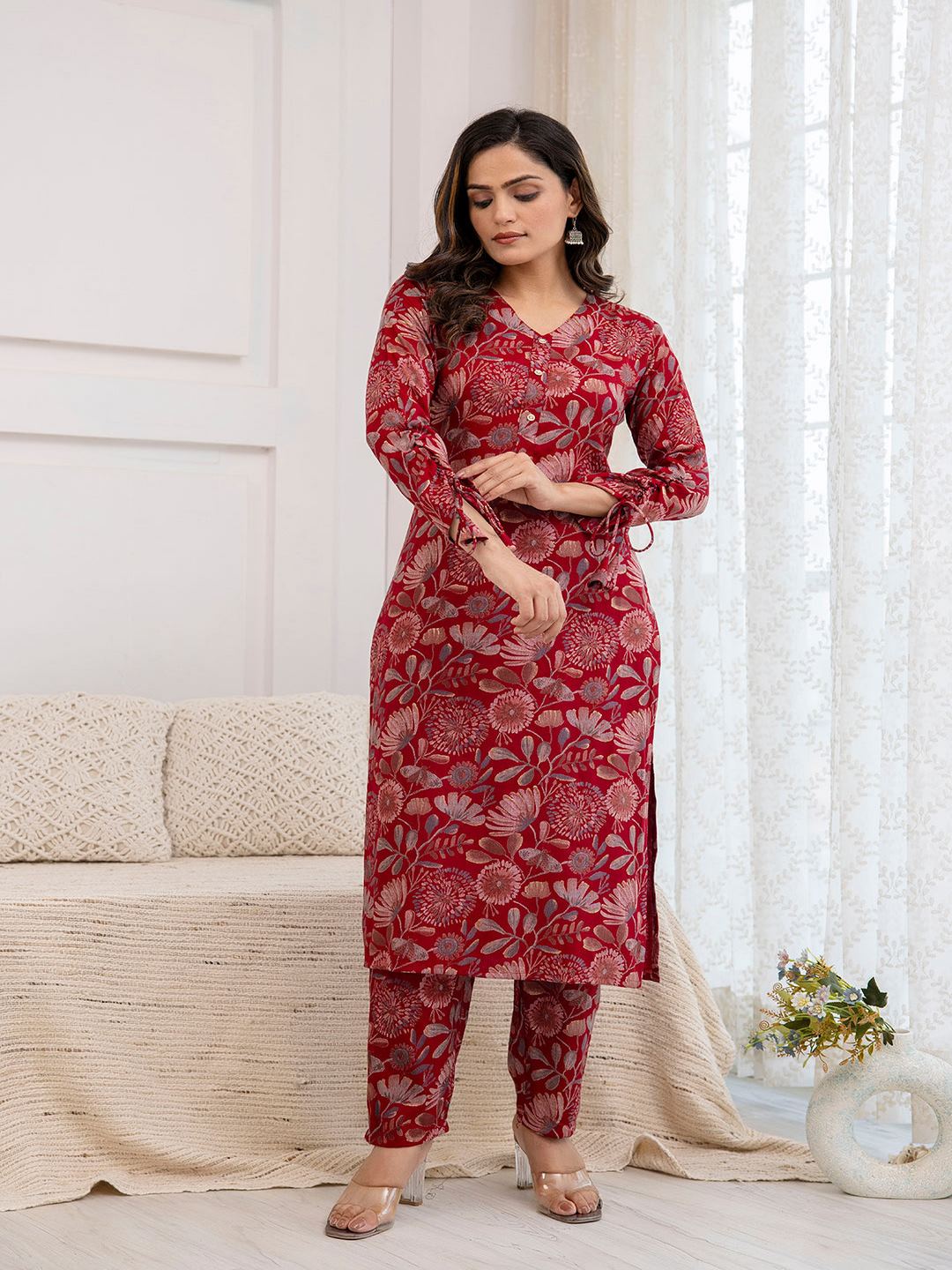 Maroon Printed Straight Kurta With Trouser