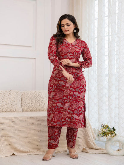 Maroon Printed Straight Kurta With Trouser