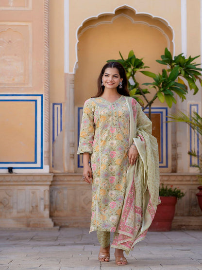 Green Printed Straight Kurta And Trouser With Dupatta