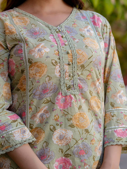 Green Printed Straight Kurta And Trouser With Dupatta