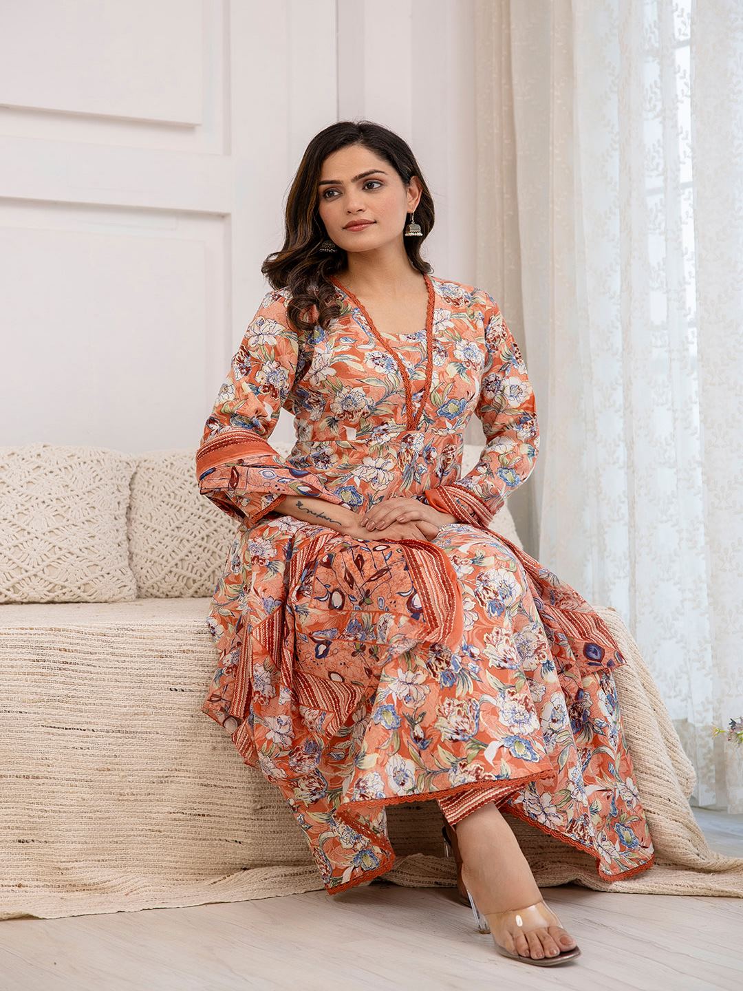 Peach Floral Printed Anarkali Kurta And Trouser With Dupatta